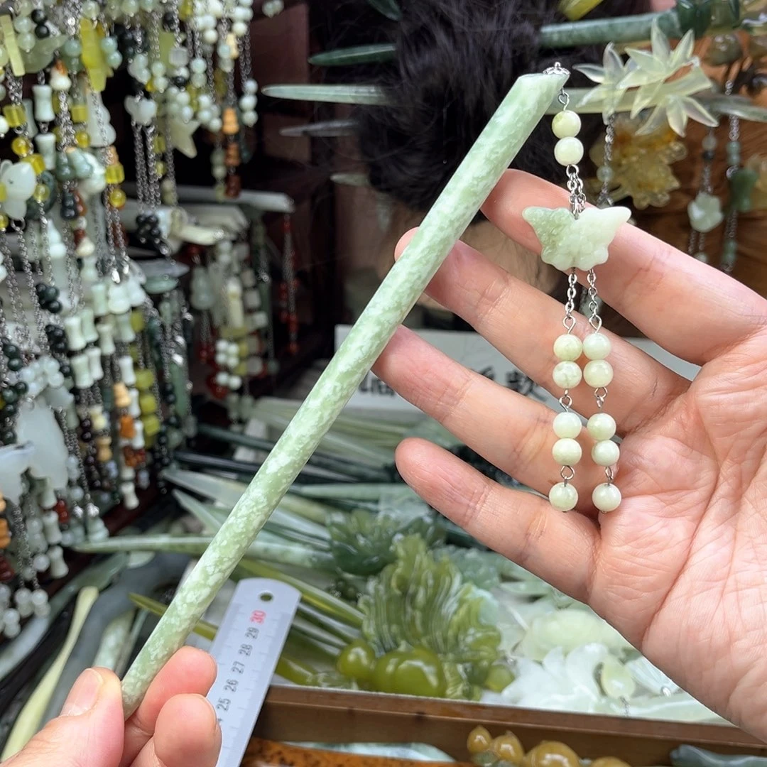 蛇纹石玉发饰未镶嵌长度19.5左右