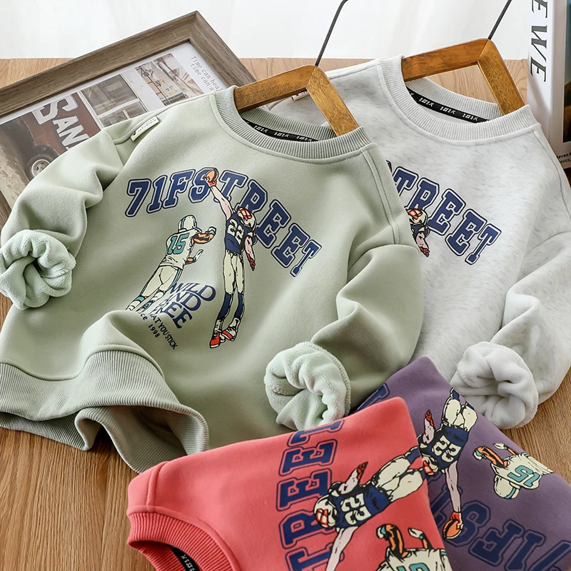 2025新款男童加绒加厚圆领卫衣中大童秋冬季上衣儿童时髦打底衫潮