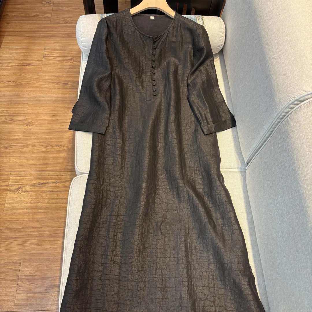 【澜亭絮絮】香云纱龟纹多排扣连衣裙LT207清仓