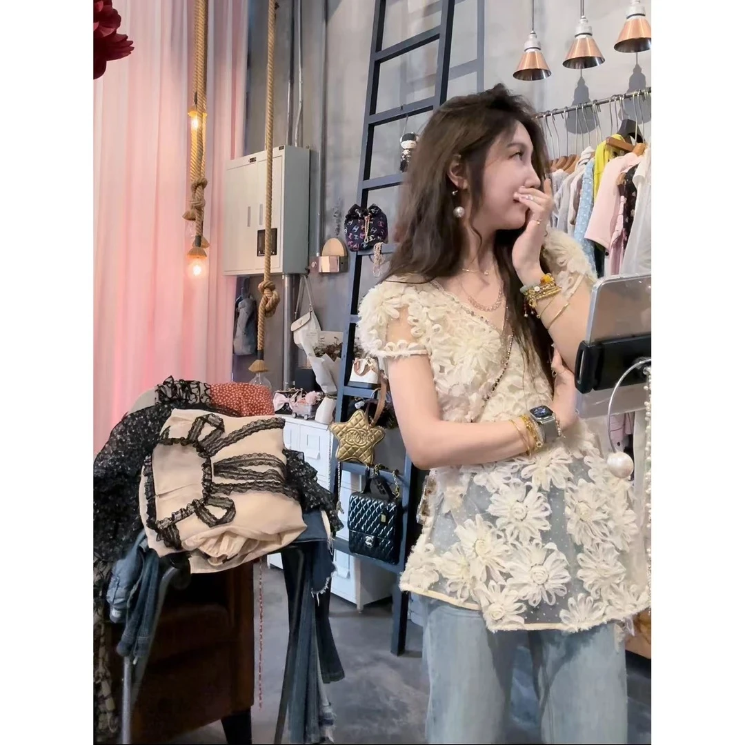 【现货】定制法式重工立体花朵水钻v领蕾丝提花衬衫衬衣