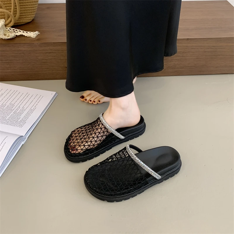 小众编织镂空网纱凉拖女2025夏季新款欧美时尚平底透气包头水钻鞋