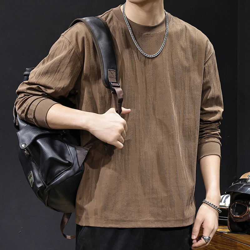 MR.MUDI/穆迪先生新款美式简约长袖t恤男春秋潮宽松圆领提花体恤