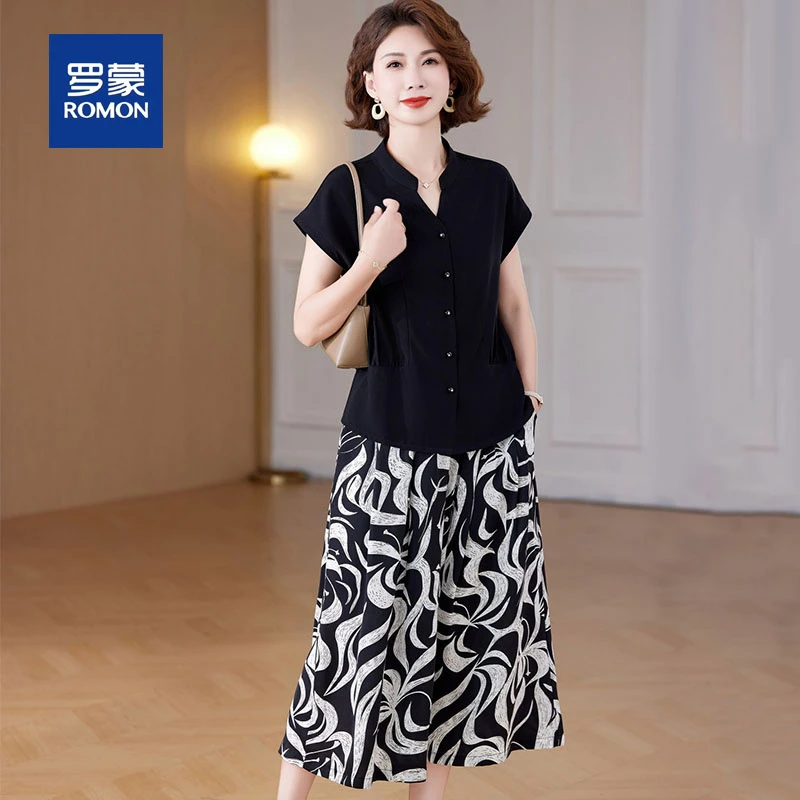罗蒙中年妈妈夏装潮流新款国风碎花T恤套装女休闲气质衬衫两件套