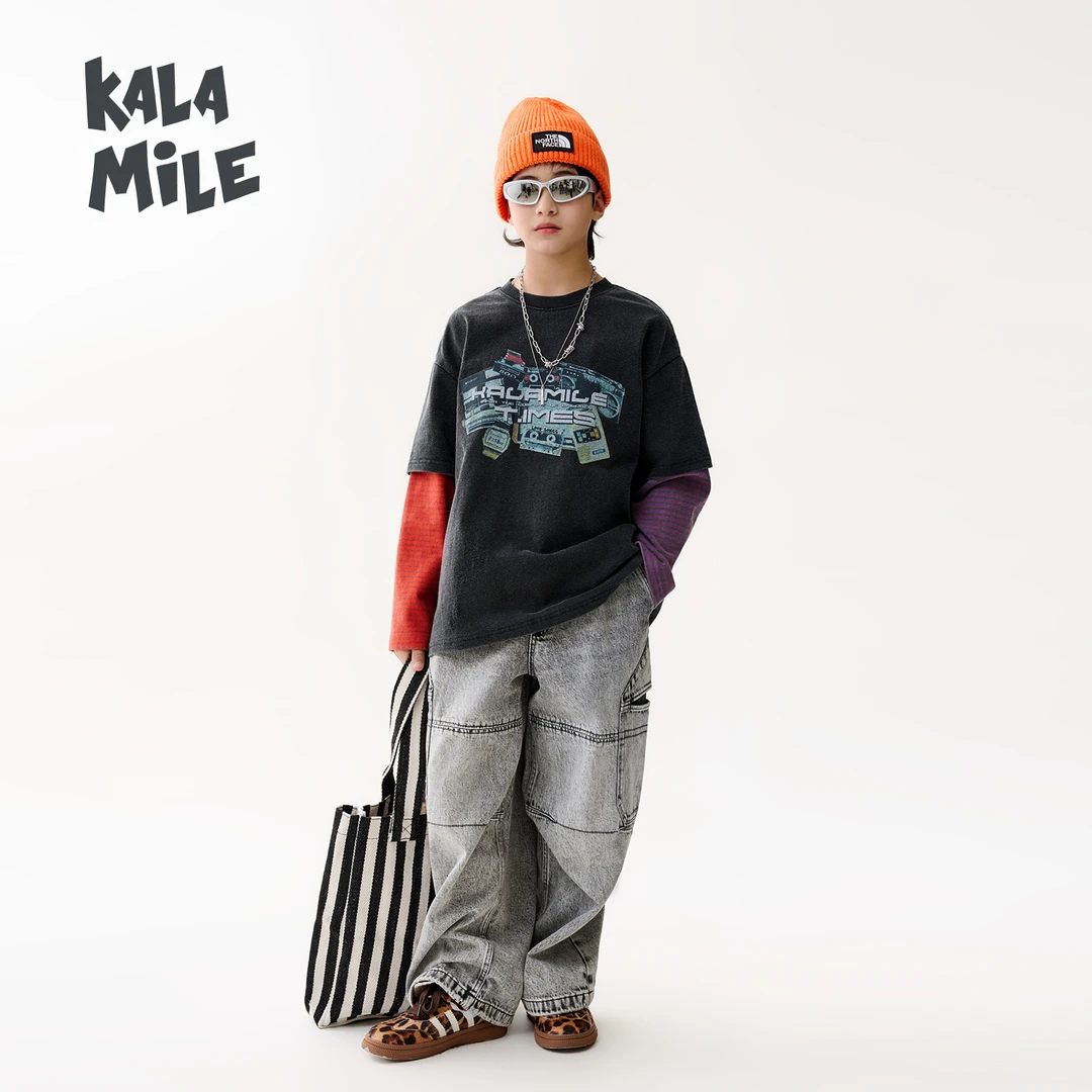 KALAMILE【随性时光】儿童亲子春款撞色休闲印花假两件长袖X2435