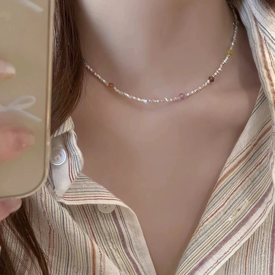 铜合金项链 X0029 彩色多巴胺碎银子项链夏季清新百搭配饰