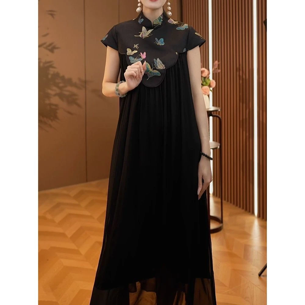 国风气质时尚高级印花短袖连衣裙2025夏季新款拼接立领设计A字裙