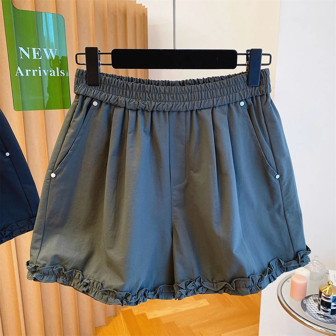 韩国减龄高级感木耳边休闲短裤女夏2025新款宽松百搭a字版阔腿裤