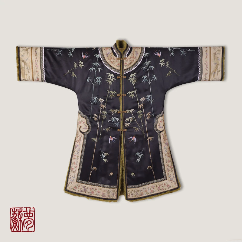 蘇夢【梅竹双清】香云纱满绣节节高对襟毛里大袍百搭0105281