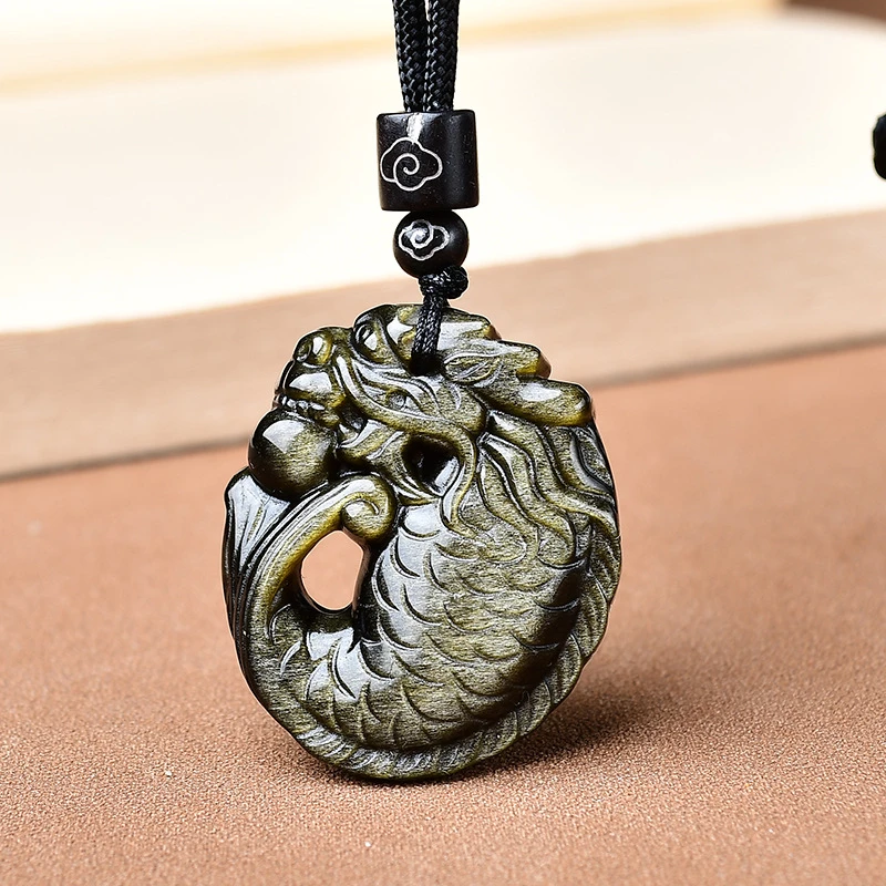 天然黑曜石吊坠龙鱼项链金耀石彩眼曜石吊坠双面雕刻灵鳌夺魁挂件