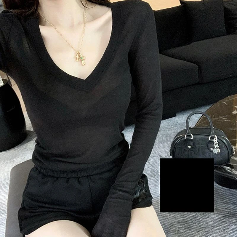 V领修身打底衫长袖T恤女装2025春秋纯欲微透内搭上衣短款设计感