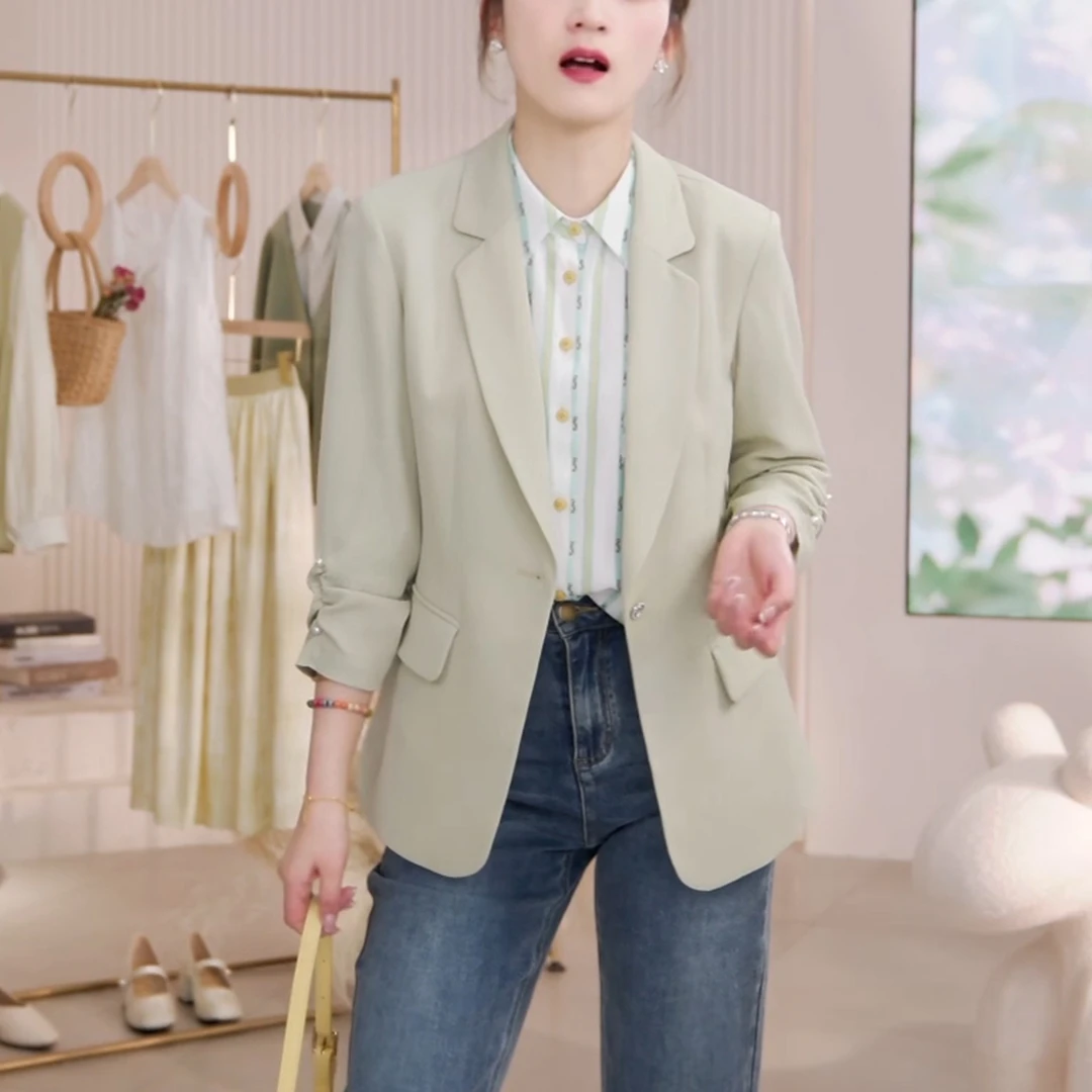 【轻氧】夏季薄款西装外套女2025新款时尚欧若风韩版七分袖防晒衫女
