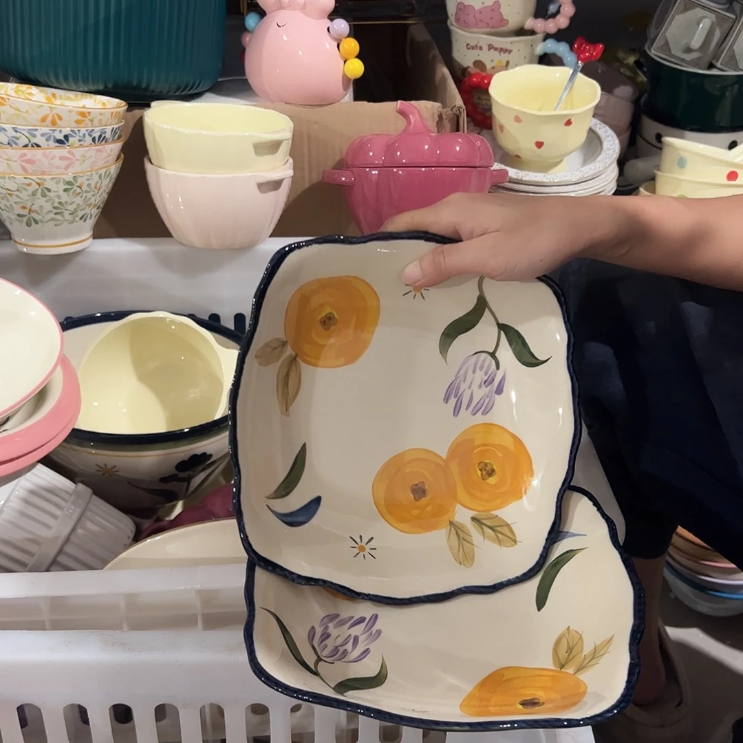 瓷片手绘方盘8寸两个微瑕