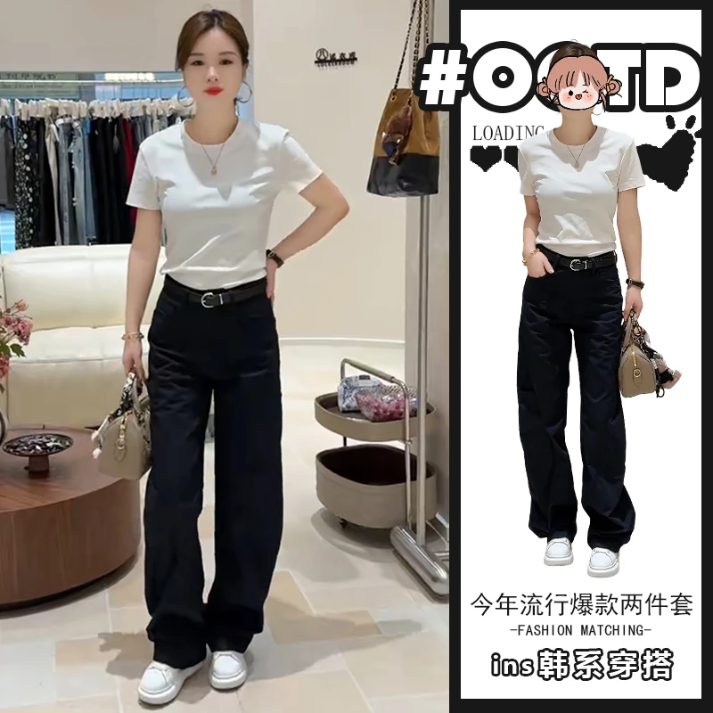 气质复古港风白色显瘦修身上衣西装阔腿裤套装夏季长裤时尚两件套