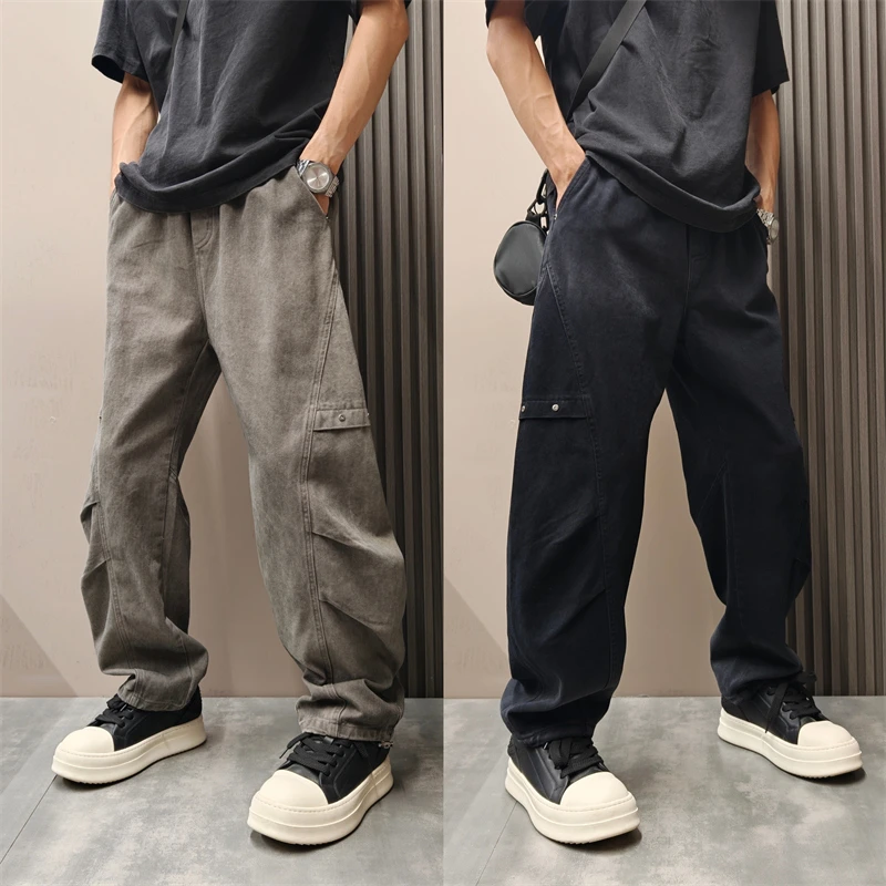 秋季美式工装设计感弯刀裤抽绳松紧腰宽松水洗做旧休闲潮流阔腿裤