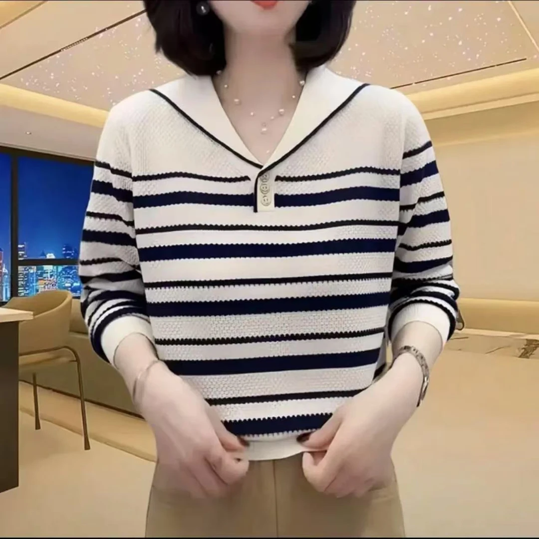 海军领条纹针织衫女2025新款春季慵懒风宽松减龄洋气提花镂空上衣