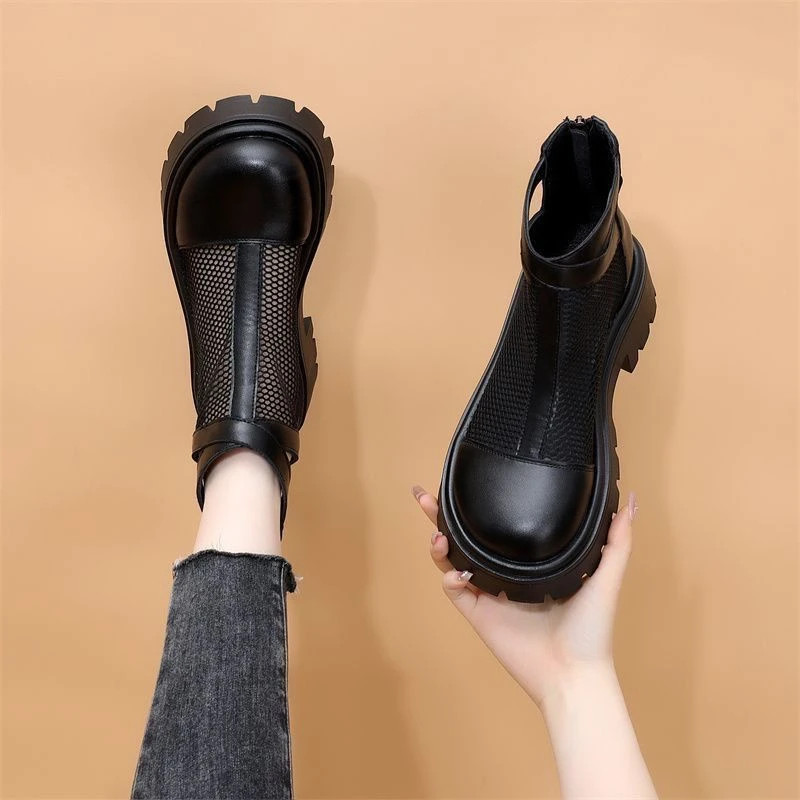 时尚2025新款网纱软底凉鞋女粗跟松糕底女单鞋百搭厚底防滑乐福鞋