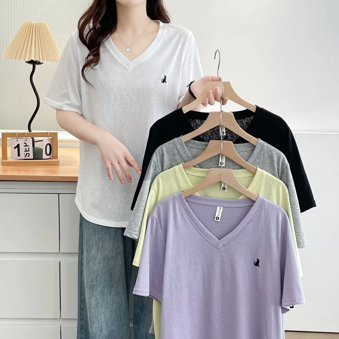 梦冬佳--115-200斤大码女装简约百搭显瘦V领雪花棉短袖T恤上衣夏
