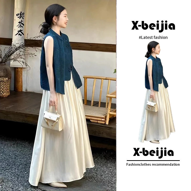大码夏季微胖新中式国风背心衬衫盐系轻熟显瘦两件套装连衣裙子