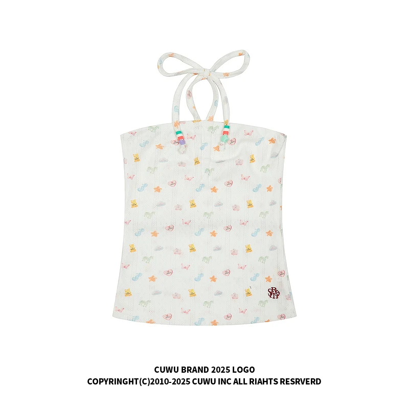cuwu可爱卡通满印挂脖吊带小背心女夏季甜辣系带短款外穿无袖上衣