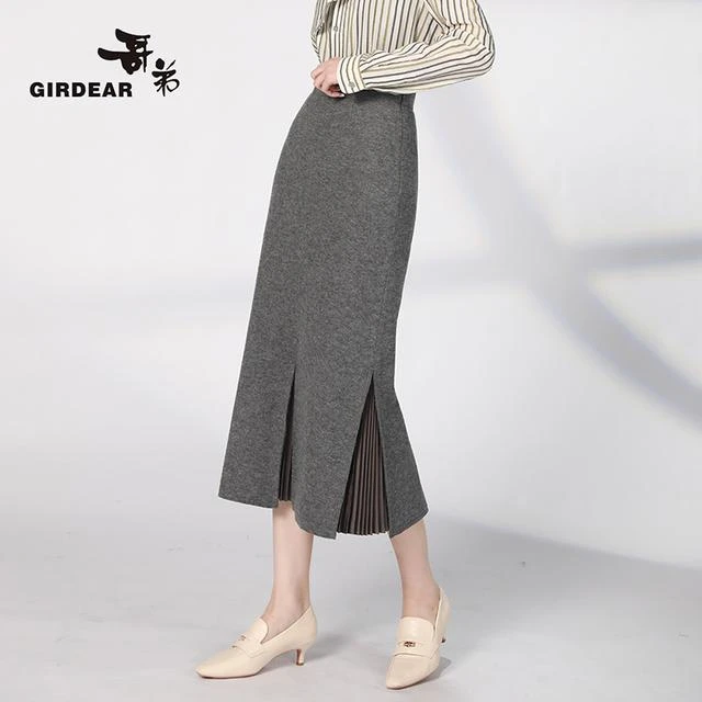 GIRDEAR/哥弟步步生花秋冬毛呢显瘦黑色修身半身裙鱼尾裙1200232