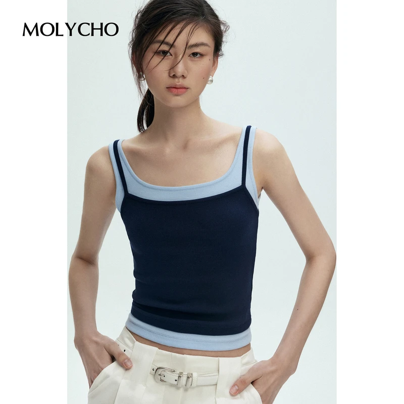 MOLYCHO 假两件时髦撞色外穿吊带上衣女夏季短款修身显瘦无袖背心