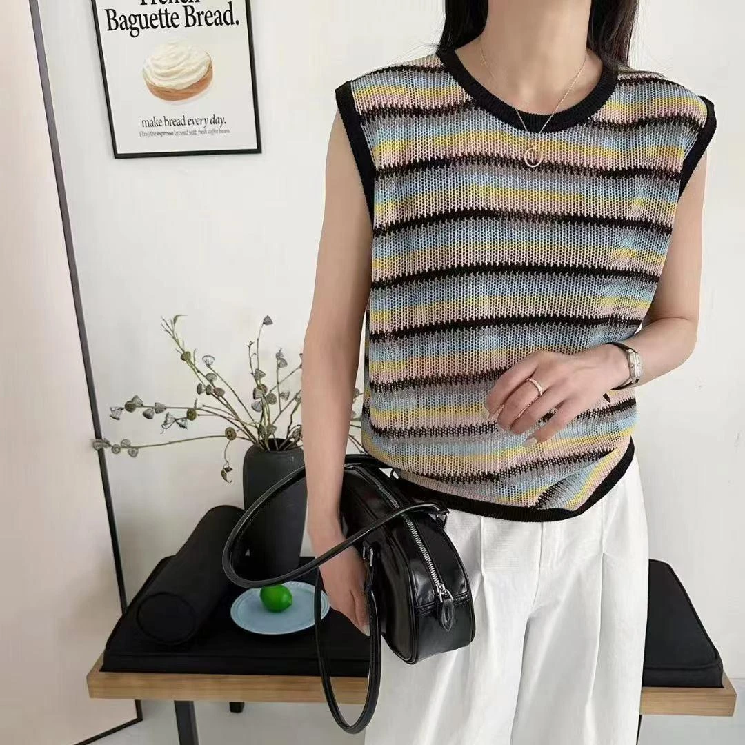 ANYUMO/安妤茉36复古撞色条纹针织背心无袖打底外穿百搭薄款