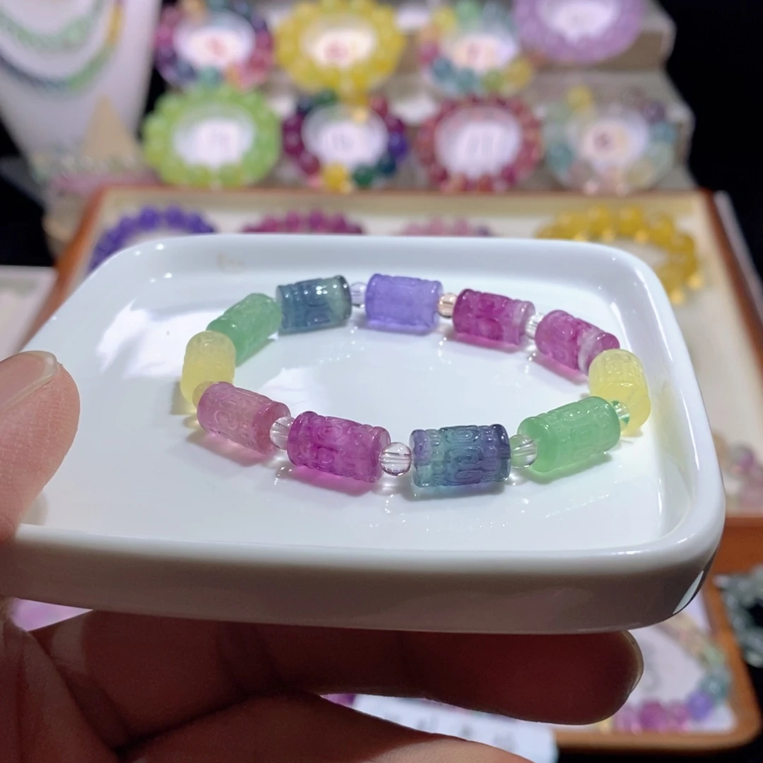 萤石手链未镶嵌彩虹桶珠8mm