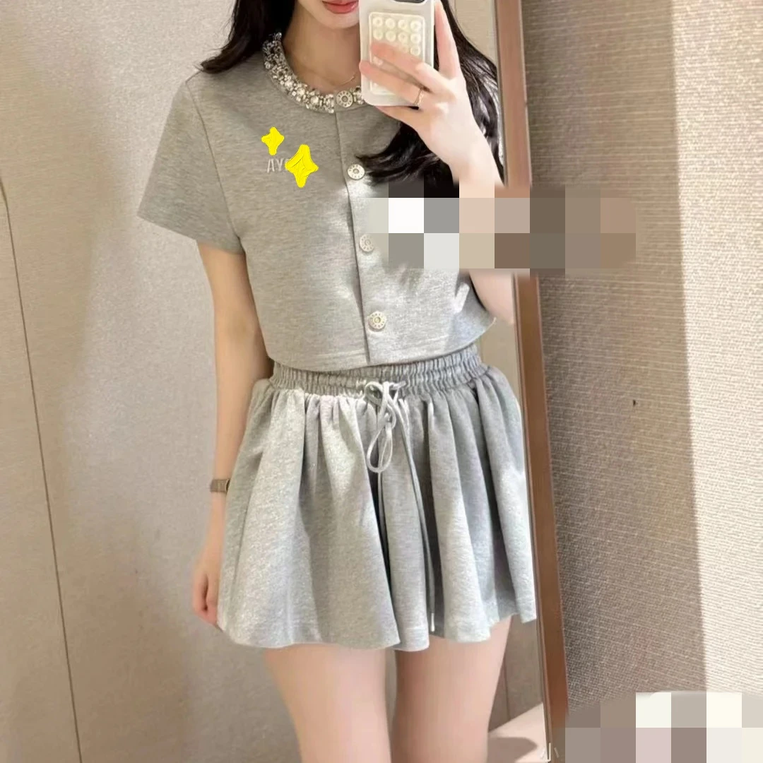 SZSALI 定制重工亮片开衫短袖外套气质百褶裙裤时尚套装女夏季