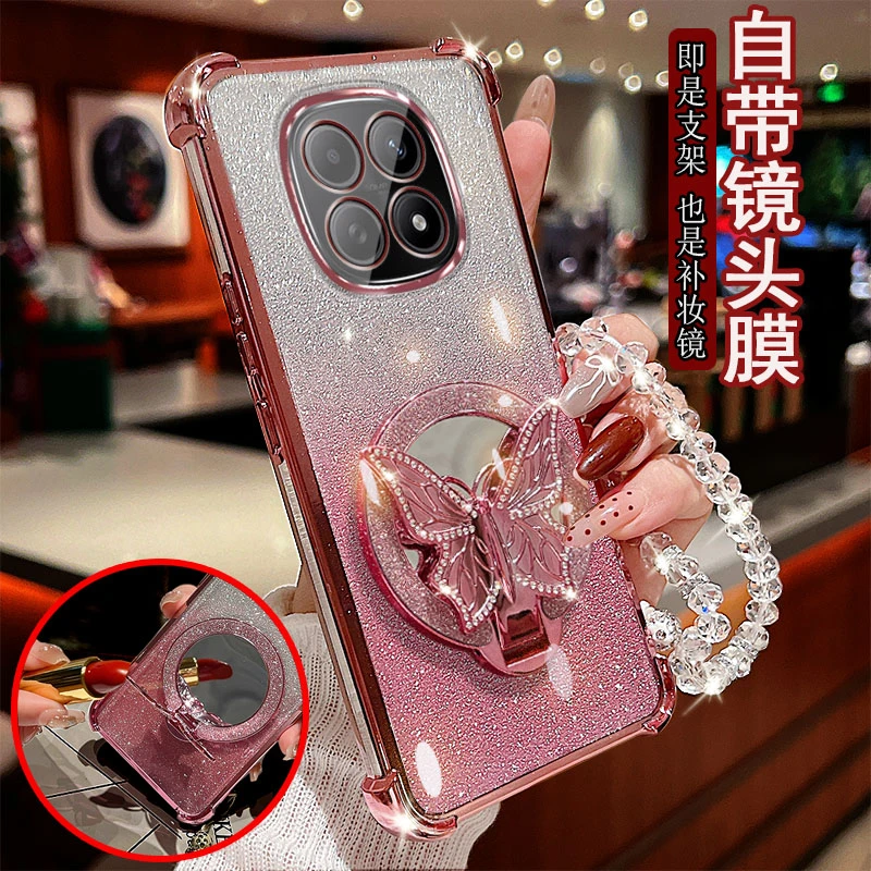 适用于红米note15手机壳镜头全包边防摔保护套镶钻蝴蝶支架镜子潮
