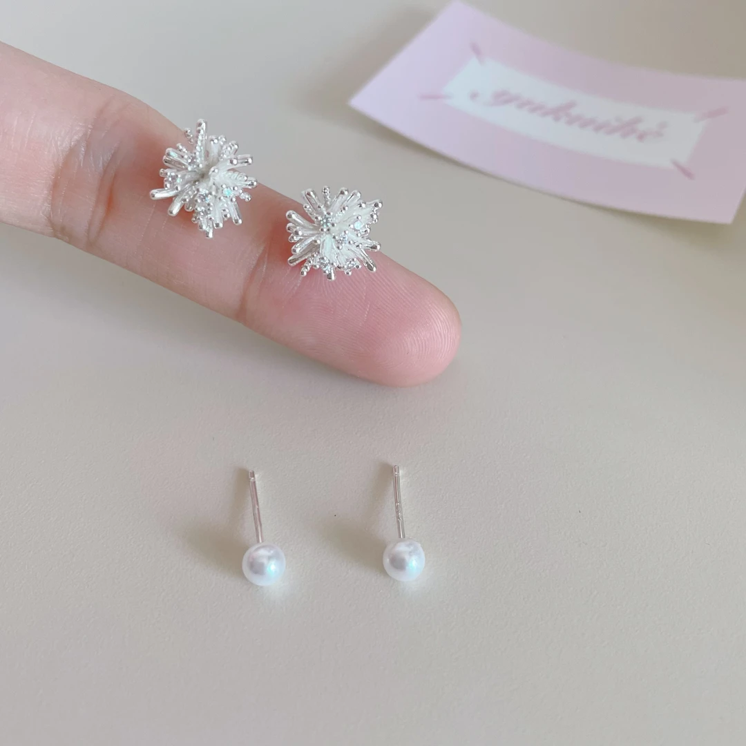 铜合金耳饰 Q035 S925银针蒲公英烟花珍珠套装气质百搭耳环