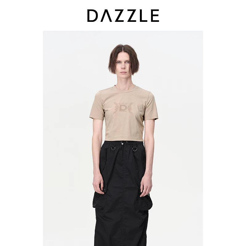 DAZZLE地素收身T恤新款卡其刺绣褶皱弹力修身上衣女2H3B318