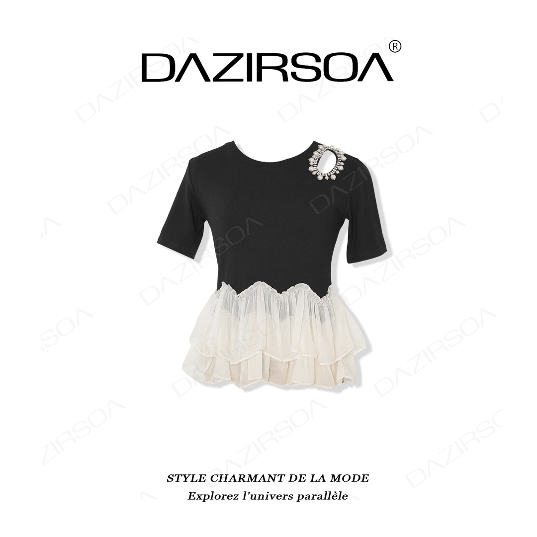 DAZIRSOA/达姿“晨曦温柔”时尚百搭拼接钉珠露肩洋气短袖上衣 X887