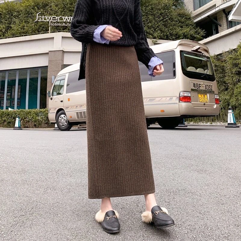 包臀裙高腰长裙H型厚款O型半身裙韩版百搭宽松毛呢