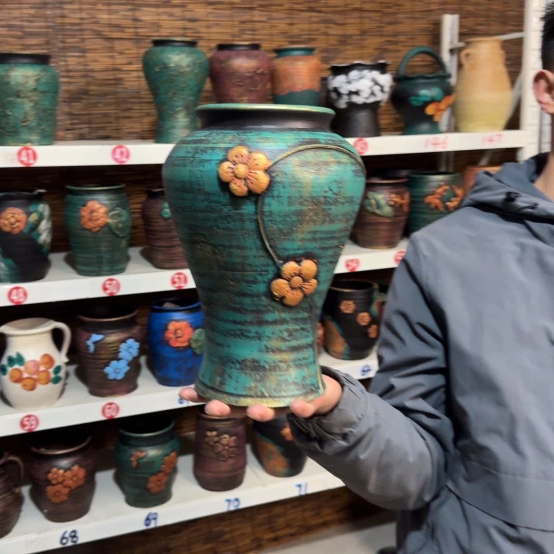 红陶红陶浮雕花盆炸炸炸