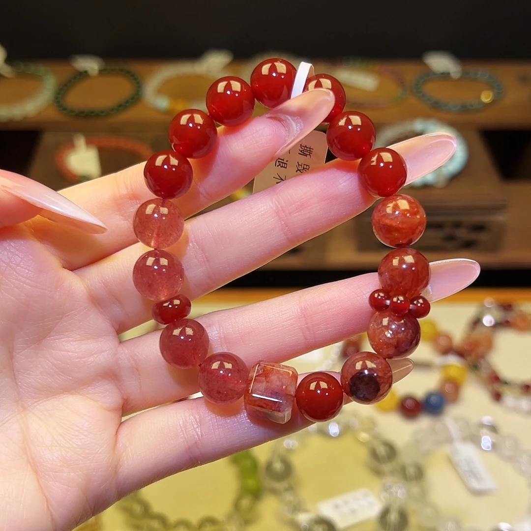 水晶手串银S925镀金镶嵌红1332