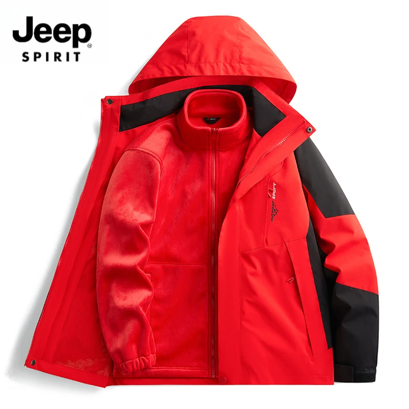 JEEP三合一冲锋衣女款加绒加厚大红色外套防风防水进藏徒步登山服