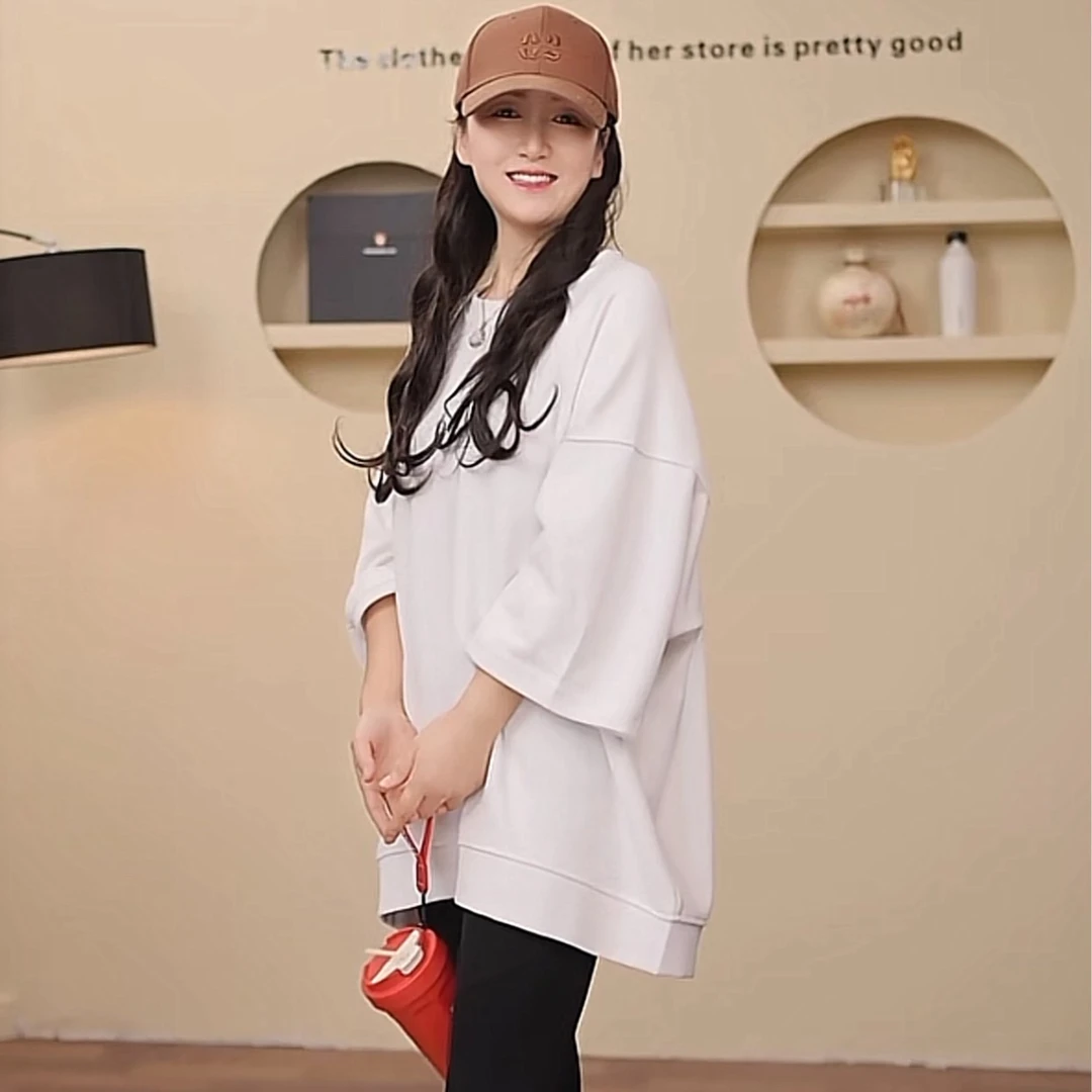 中长款八分袖圆领卫衣女春季新款时尚休闲百搭宽松韩版T恤上衣