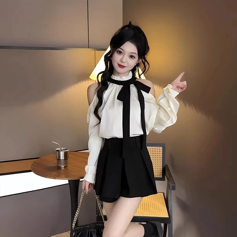 法式蝴蝶结设计感露肩长袖衬衫黑色半身裙两件套女春装搭配一整套