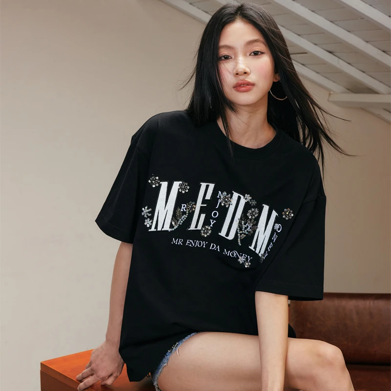 MEDM25SS珠花小香风贴布短袖男女上衣夏季T恤美式宽松休闲半袖tee