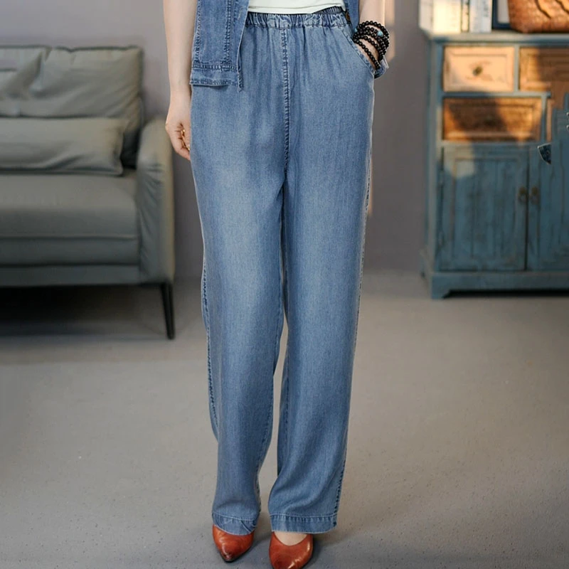 6846蓝色2025夏季新款莱赛尔牛仔直筒裤女宽松大码松紧时尚休闲