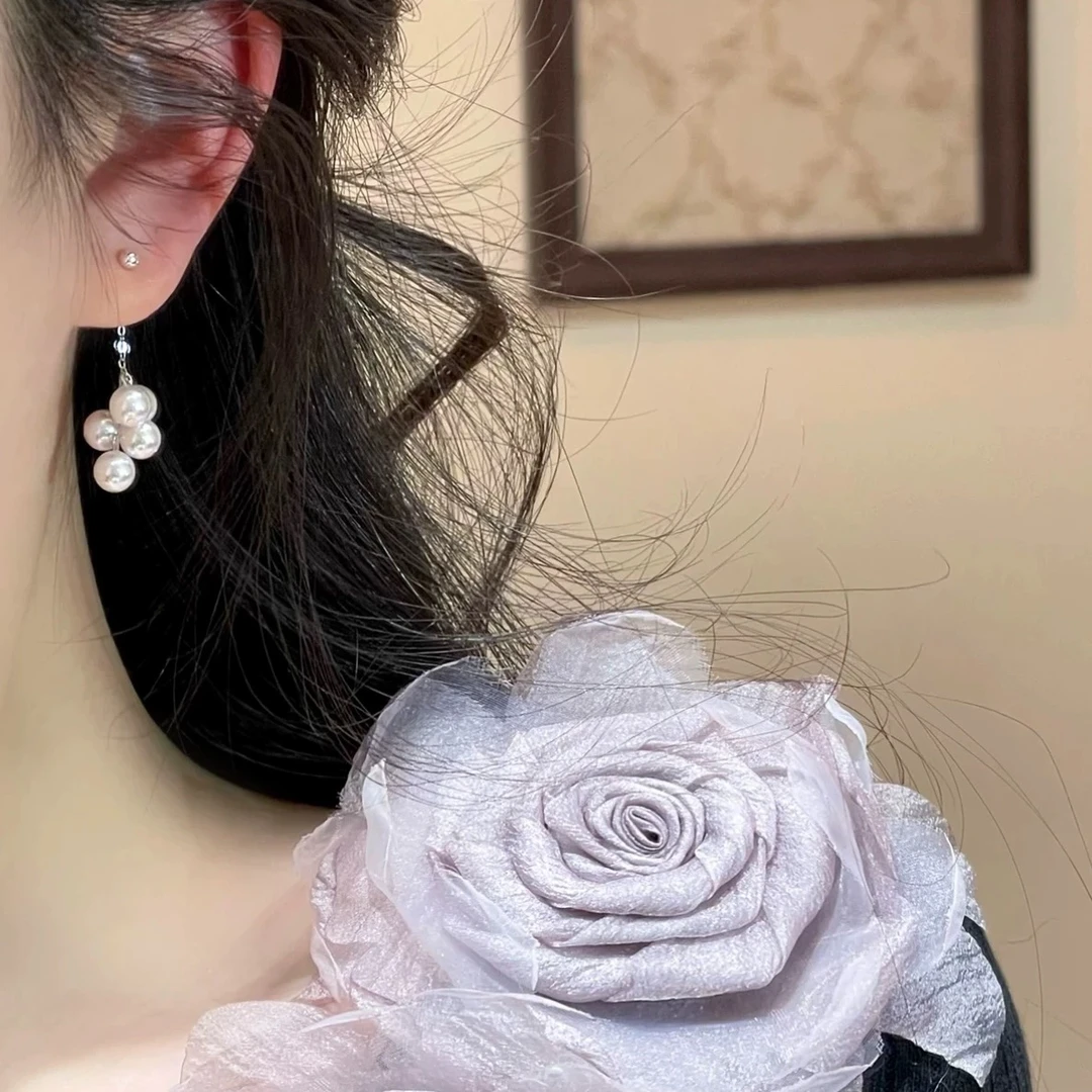 铜合金耳饰 Q007 S925银针简约气质百搭珍珠葡萄流苏两戴耳钉