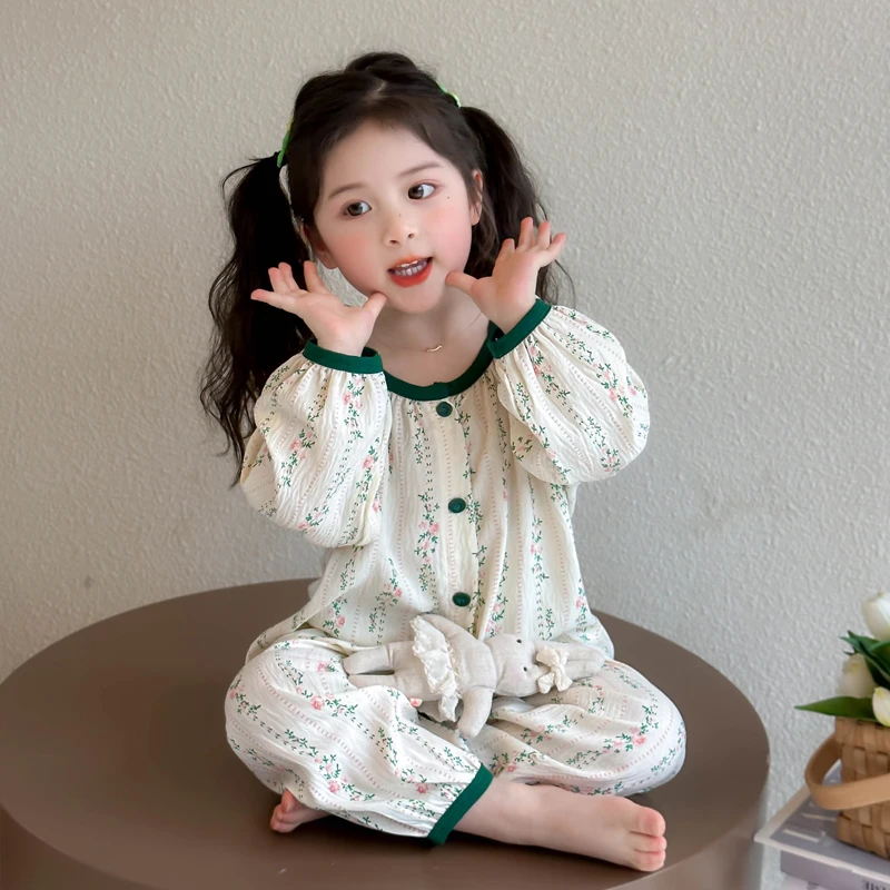 女童睡衣夏季薄款可爱小女孩卡通儿童长袖开衫套装宝宝纯棉家居服