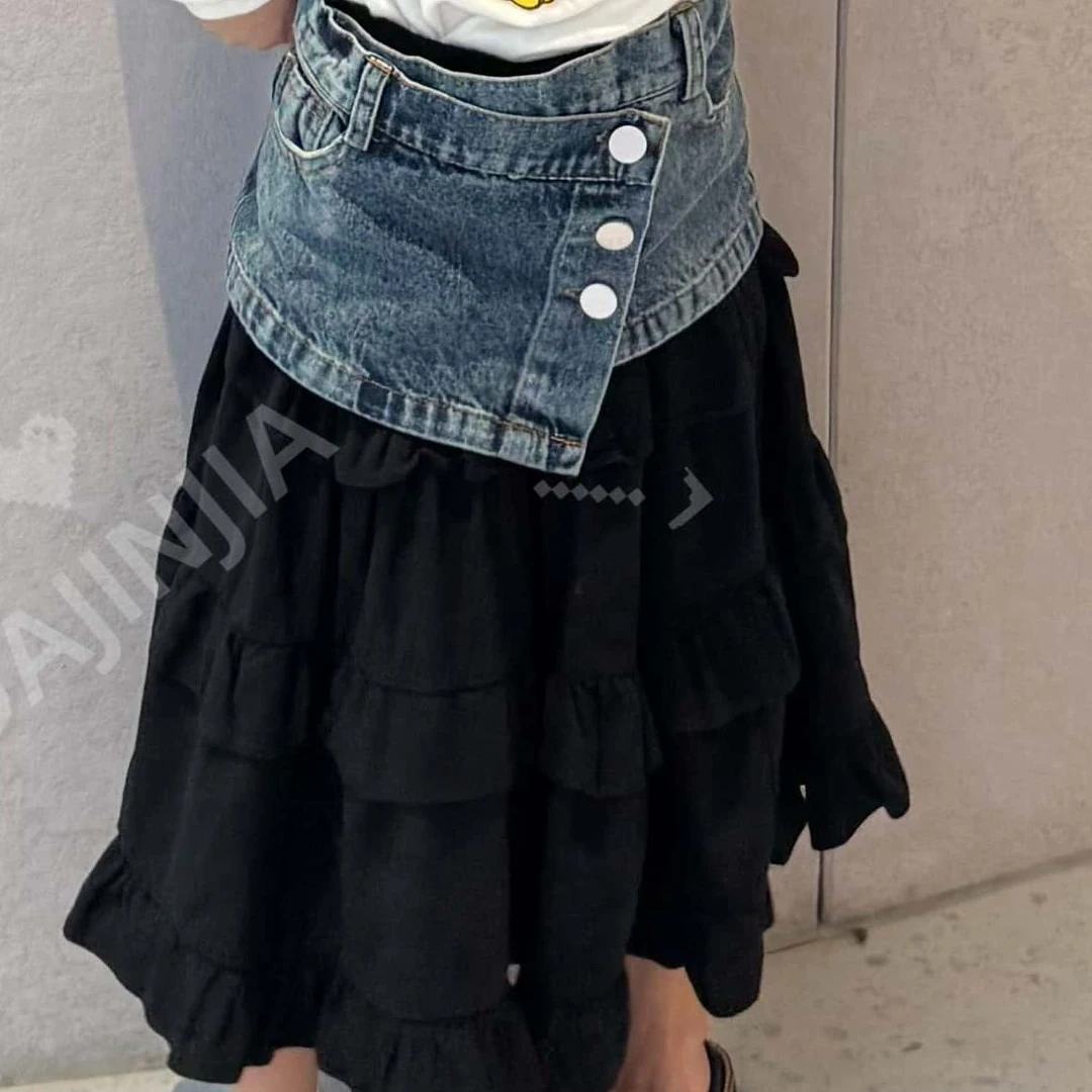 【现现】新款潮牌定制软牛仔包裙两件套女宝潮酷个性两件套半身裙