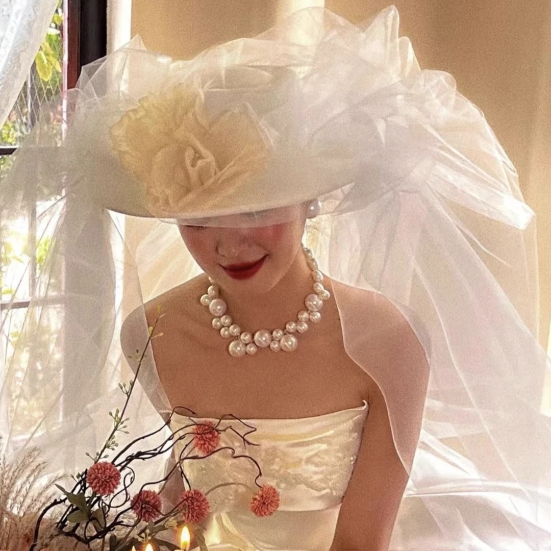2025新娘高级抓纱蓬蓬法式大帽纱子头纱森系婚纱拍照影楼头饰硬网