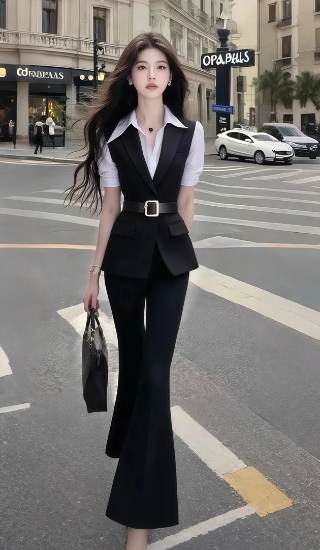 通勤风黑色衬衫领修身收腰系带上衣+黑色百搭显瘦长裤女两件套