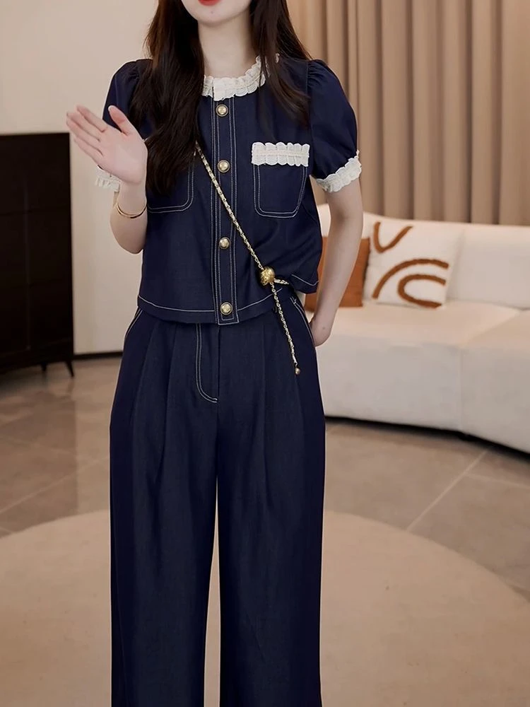 复古洋气年轻休闲牛仔套装设计感拼接蕾丝花边短袖上衣阔腿裤