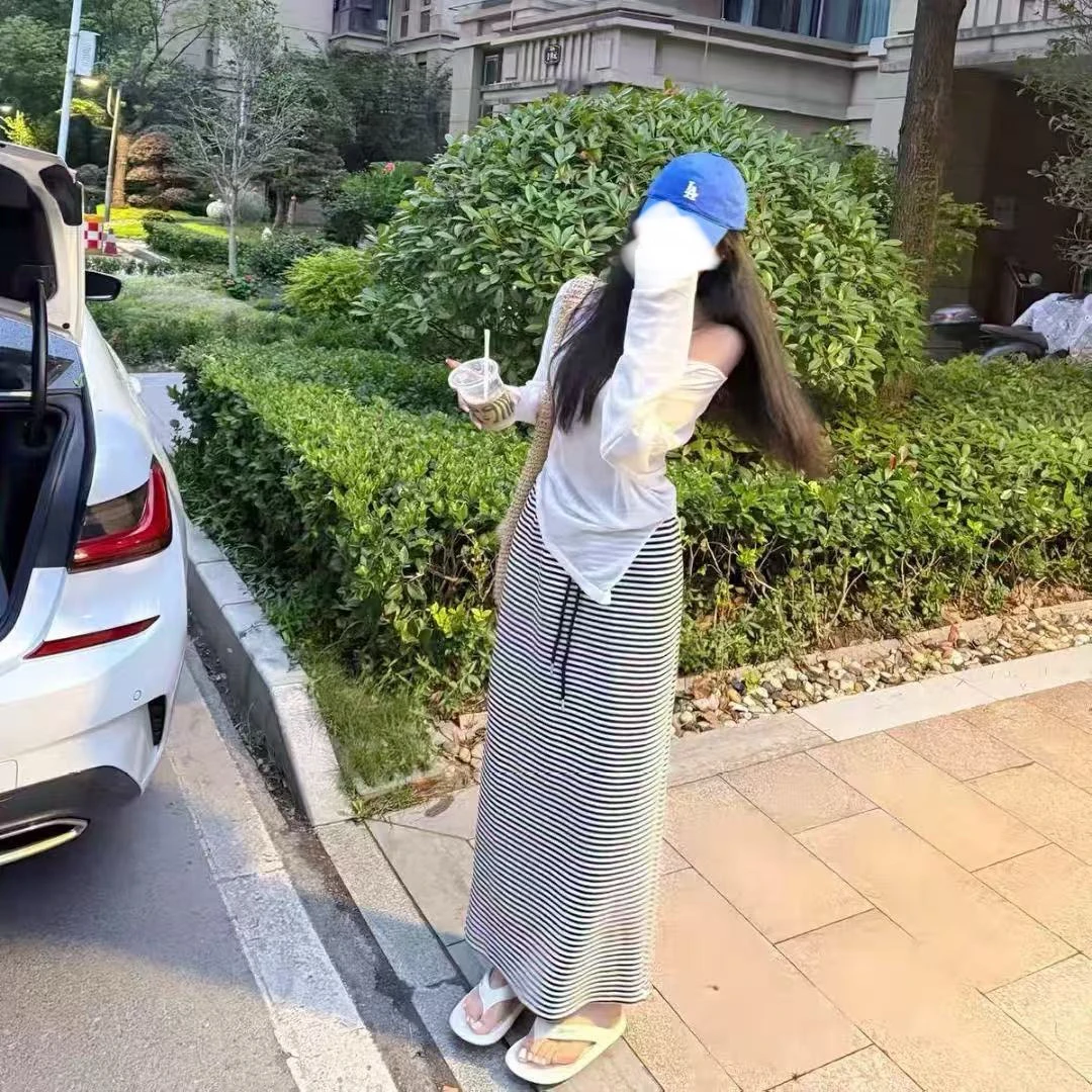 怡尔家夏季韩版洋气休闲松紧腰抽绳绑带条纹中长半身裙