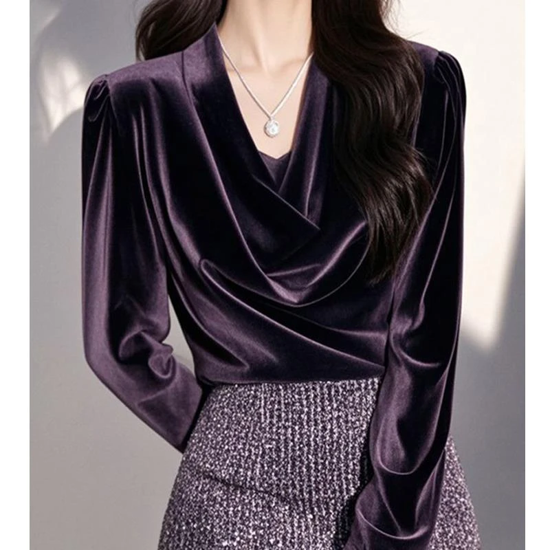 时尚高级感轻奢风紫色荡领丝绒衬衫女秋冬款超好看冷淡系洋气小衫
