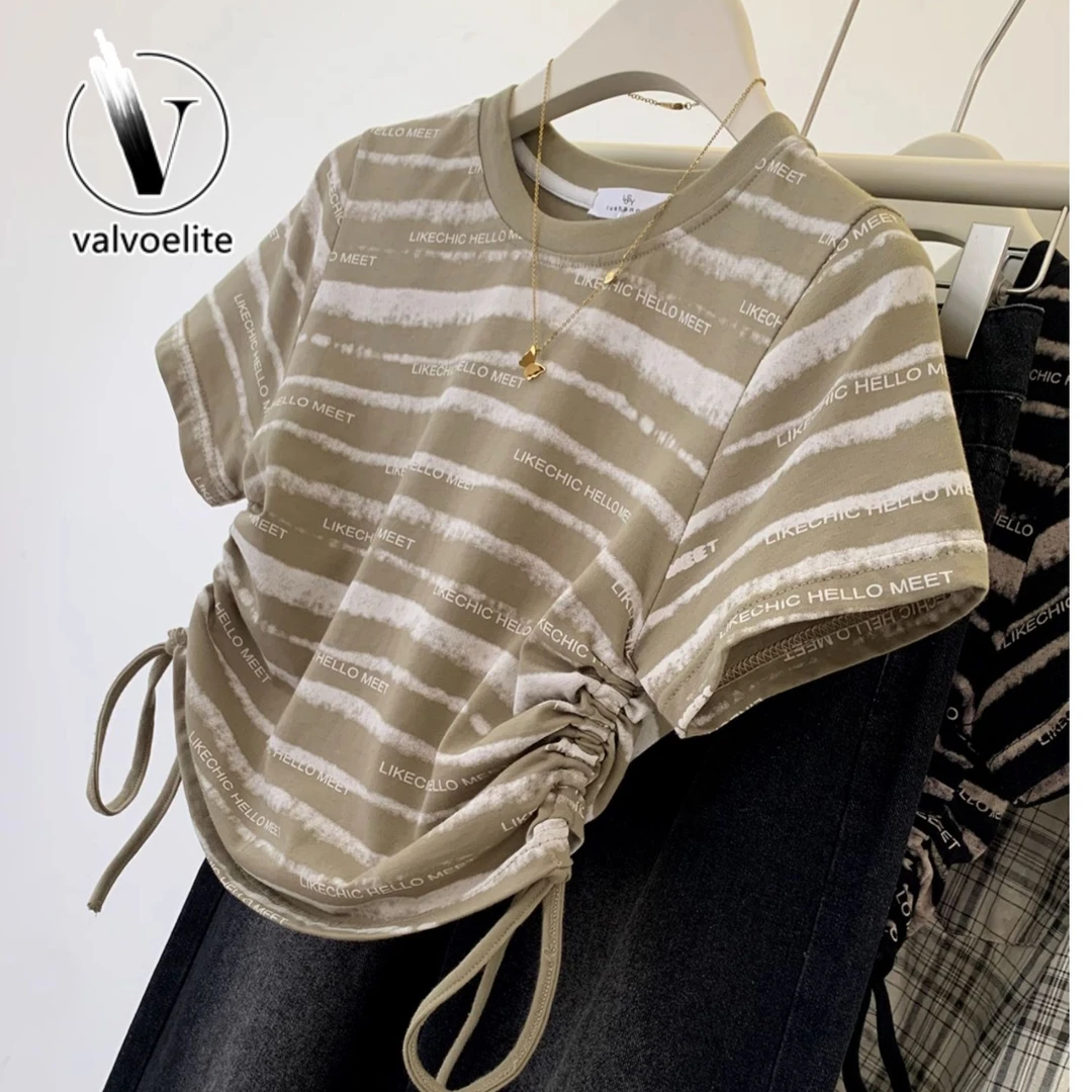 VALVOELITE条纹美式复古短款抽绳体恤女夏季小众正肩短袖修身上衣