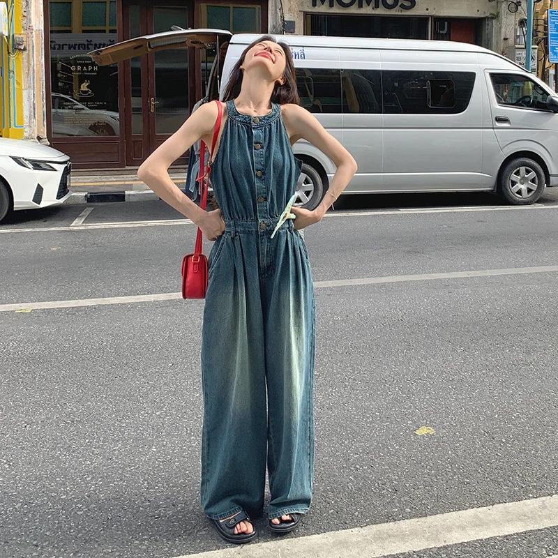 法式复古无袖牛仔连衣裤女夏季韩系时尚洋气高级感甜辣风连体裤子